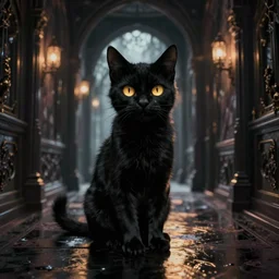 a full-body shot of a black void cat with golden glowing eyes at the end of a scary hallway, fairytale, nightmare, hauntingly beautiful, elegant, super detailed, Octane render, reflections