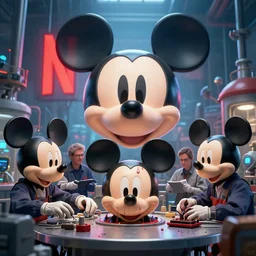 bunch of mechanics operating bloody mickey mouse head in science facility, big glowing netflix logo behind, greg rutkowski, beeple, gilleard, alphonse mucha cgsociety, unreal engine, octane render, highly detailed 4 k art, smooth, sharp focus, cinematic lighting,