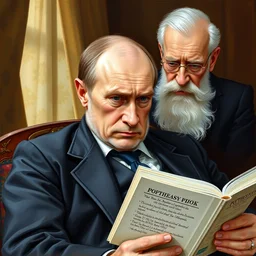 putin reading a book with tolstoy looking over his shoulder, painting, caricatures, detailed