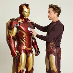 photo of young robert downey jr putting in a brown cardboard ironman suit costume