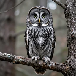beautiful hyperrealist highly detailed cinematic lighting nature photograph of a great grey owl on a tree branch, symmetrical full body, beautiful high contrast wood engraving, moebius and charles burns comic style, shocking detail trending on artstation 8 k