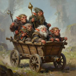 painting of goblins riding in a slapdash wooden cart, fantasy art, magic : the gathering art, by diterlizzi