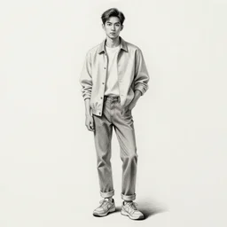 professional pencil sketch of a full-body view of a stylish young adult man with short hair wearing a black face mask, a striped long-sleeved shirt, and ripped skinny jeans, high quality, HD, 8K, highly detailed, award-winning