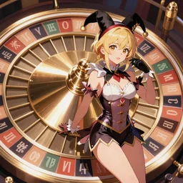 Digital anime art by WLOP and Mobius, A large roulette wheel, bright polished metal, managed by a beautiful blonde woman, wearing a form-fitting jester outfit, highly detailed, intriguing lighting