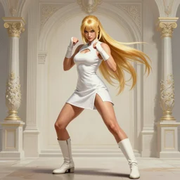 lili from tekken, portrait shot of lili rochefort from tekken with supermodel face and long blonde hair in fighting pose wearing white dress and white boots with french architecture background, intricate, elegant, highly detailed, centered, digital painting, artstation, concept art, smooth, sharp focus, illustration, artgerm, tomasz alen kopera, peter mohrbacher, donato giancola, joseph christian leyendecker, wlop, boris vallejo