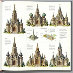scan page of encyclopedia color illustrations : : fantasy architecture, diagrams showing various fantasy architecture styles, insanely detailed, informative texts and graphs