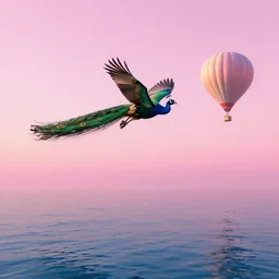 peacock flies across the horizon in the pink sky, the boulevard depot in a hot air balloon, wide angle lens, octane rendering, in the style water,