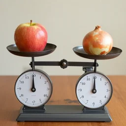 pair of scales with one apple in one side and one onion in the other