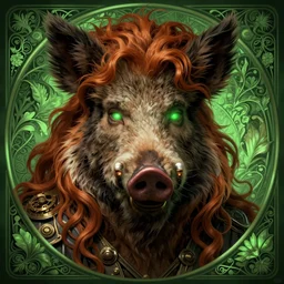 portrait of demigod hercules, long wavy auburn hair, wild boar hide, glowing eyes, volumetric lights, green scheme, art nouveau botanicals, gothic, intricate, highly detailed, digital painting, artstation, concept art, smooth, sharp focus, symmetric face, illustration, steampunk, art by artgerm and greg rutkowski and alphonse mucha