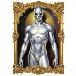 movie poster, comic book page, oil painting, of a silver, silver surfer, album cover, baroque, victorian, by hajime sorayama 4 k