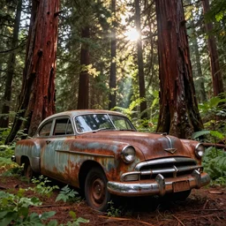 Photograph of an abandoned rusty 1950's Buick in an old redwood forest, massive trees, overgrown with vegetation, sun shining through the trees, backlit, crepuscular rays, realistic octane render, 8k, ultra detailed close up