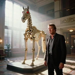 photorealistic medium shot cinematography of a steve mcqueen acting in a twilight zone episode about a photoreal h. r. giger designed horse skeleton sculpture with glowing red eyes shot on film at magic hour with the sun shining into a large 6 0's hotel lobby room filled with volumetric haze by the shining cinematographer john alcott on a cooke panchro 3 5 mm lens.