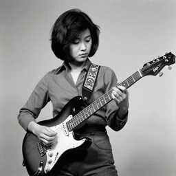 a black and white photograph of a female japanese artist playing an electric guitar, 1 9 7 0 s
