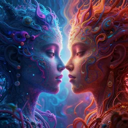 two psychedelic realms melding into each at the edge of existence, highly detailed, artstation, unreal engine, volumetric lighting, raytraced lighting, sharp focus