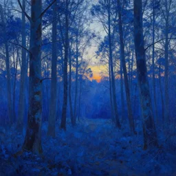 Blue forest by John Atkimson Grimshaw, blue color palette, sunset