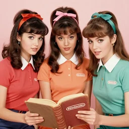 beautiful girls models wearing nintendo logo on an old fashion book. vintage. colored. 7 0 s style.