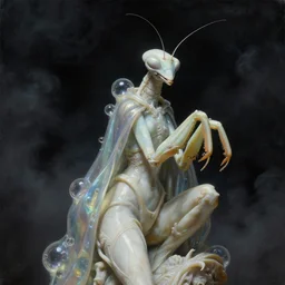 a baroque neoclassicist close - up portrait of a sci - fi marble statue of an alien mantis figure cloaked with glowing bubbles. iridescent and reflective. foggy black background with dark puffy clouds. highly detailed science fiction painting by norman rockwell, frank frazetta, syd mead and moebius. rich colors, high contrast, gloomy atmosphere, dark background. trending on artstation.