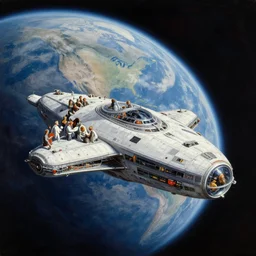 cinematic view of a retrofuturistic spaceship orbiting an earth - like planet, tim hildebrandt, wayne barlowe, syd mead, john harris, bruce pennington, donato giancola, larry elmore, oil on canvas, artstation, pixiv, cinematic composition, dramatic, beautiful lighting, sharp, details, hd, hdr, 4 k