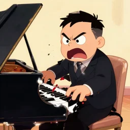 an very very angry grand piano cartoon is going to eat you