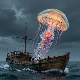 humongous jellyfish attacking an old wooden ship in the sea during a storm