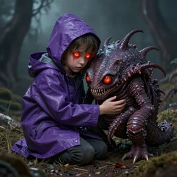 Little nightmares, purple raincoat, fiery eyes, cuddling the demogorgon, painted by raymond swanland