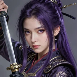 beautiful up close portrait pf 1 elegant anime ninja heroine 剑 网 cyberpunk style, long purple dark hair, ornamental, intricate details, elegant, highly detailed hyperrealistic painting, artstation, concept art, painterly, sharp focus, illustration, epic art by hans jokem bakker, hd