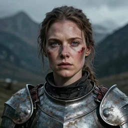 head and shoulders portrait of a female knight, dirty armor, lightly dirty face, light spatter of blood, detailed face, photography by jimmy nelson, dramatic mountain background, moody lighting, hq