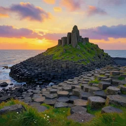 a beautiful painting of giant's causeway, ireland, at sunset, seaside, vibrant, beautiful scenery, nature