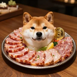 a charcuterie board made of doge like face, shiba inu like face meat slices, doge meme like flesh, dogecoin form, shiba inu dog, pieces of doge in the silver plate, wooden table, exquisite restaurant, five stars michellin, professional food shot, gourmet dish, with few veggies. low light, bokeh, masterpiece.