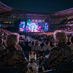 view from behind an old lady and her two terrier dogs, sat in a large crowded stadium at night, watching a pop concert, digital art, concept art, trending on artstation, cinematic lighting, giger, beksinski, barlowe