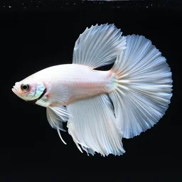 a graceful iridescent white betta fish with long swirling fins, black-water-background, aquascaping-photo