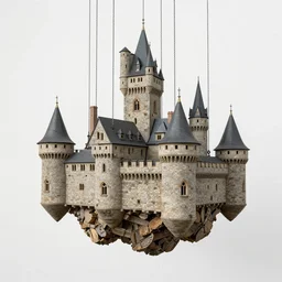 castle floating hanging by cables and chains, by beeple, emmanuel shiu, caspar david friedrich, albert bierstadt, jakub rozalski
