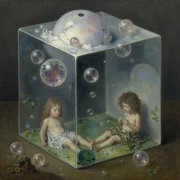 little cubic bubbles of beautiful peaceful paradise inside disturbing, uneasy, unsettling hell scape by hieronymus bosch, trending on artstation, trending on nightcafe, by alexander fedosa oil on canvas