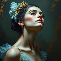 an intricate portrait painting of an artistic pose young beautiful ballerina, klimt golden motives and textures, hyper - detailed, octane render, vivid colors, artstation, by jeremy mann, by gustav klimt