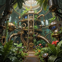 Inside an enormous steampunk machine room with lush vegetation growing around the achines, tropical trees, large leaves, flowers, very detailed painting, hyperrealism, by Rebecca Guay