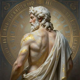 painted back portrait of rugged zeus greek god by greg rutkowski craig mullins artgerm alphonse mucha gold streaks, white hair handsome muscular upper body mature flowing robe [ ancient greek motifs ] background fantasy intricate elegant detailed digital painting concept art artstation sharp focus illustration
