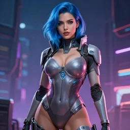 beautiful futuristic cyber punk woman, photo realistic, hyper detailed, comic book illustration, blue hair, voluptuous