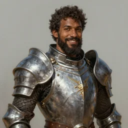 medium-length portrait of a male paladin with short curly hair and a dark beard, dark brown skin, happy expression, wears a suit of power armor, medieval setting, highly detailed, digital painting, artstation, concept art, sharp focus, illustration, art by greg rutkowski and alphonse mucha