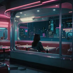 vertical movie frame portrait of girl in 6 0's retro diner interior, neon - decorated urban on night in the city seen through the window, modern interior design, architectural design, vintage, night blade runner, dark, postapocalyptic, clean lines, 4 k, octane, miyazaki film, lunarcore city at distance outside, big windows, octane, wide angle