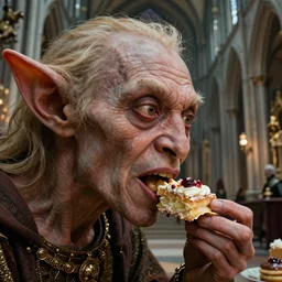 highly detailed bosch closeup, face profile portrait of a medieval goblin eating cakes in the cathedral, depth of field, fashion photoshoot by hyung tae, frank frazetta, bosch, giger, breathtaking, detailed and intricate environment, 8 k resolution, hyperrealistic, octane render