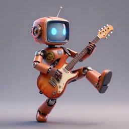 a cool mechanic robot chick, with a tv head and gears and bolts everywhere on its body, doing karate moves in the air and swinging an electric guitar, 3 d render by pixar and disney