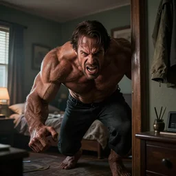 Monster hiding from very buff Chuck Norris, Bedroom, dramatic atmosphere, trending on artstation, 40nm lens, 4k,