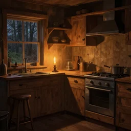 epic illustration of a wooden kitchen dim lit by 1 candle doubly so by Goro Fujita and Simon Stalenhag , 8k, trending on artstation, hyper detailed, cinematic