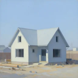 construction begins on a small suburban house, dusty blue. beautiful painting by artgerm and greg rutkowski
