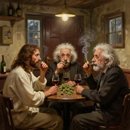 a digital painting showing jesus christ and albert einstein and charles darwin meeting together in a after small comfy cozy empty pub that is filled with wine, a door and a window, they are all meeting on a tabletop, smoking weed and drinking wine, photorealism, hyperdetailed, volumetric lightening, octane, dalle 2 reference