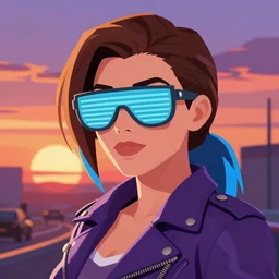 portrait of sombra from overwatch with light blue shutter shades in front of a sunset, a dark purple leather jacket, one side brown haircut with blue tips on the end, vector art by jan tengnagel, pixabay contest winner, retrofuturism, retrowave, synthwave, outrun, portrait, synthwave