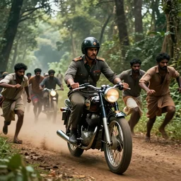 a british officer driving a motorcycle alone in 1921 in kerala forest road, local people chasing to attack, furious action scene, chase, an epic fantasy, dramatic lighting, cinematic, establishing shot, extremely high detail, photorealistic, cinematic lighting, artstation, by simon stalenhag, horizon forbidden west