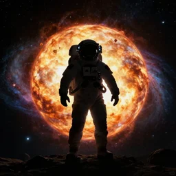astronaut silhouette, exploding planet in background, black hole nebula in background, starfield, style of Tyler Edlin