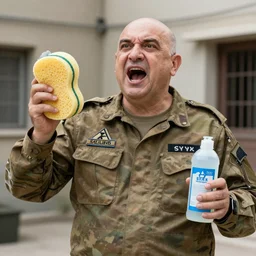 a fat old bald mad man in Israel defense force uniform shouting and holding a cleaning sponge and dish soap,