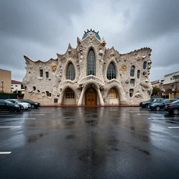 a museum in the style of antonio gaudi and salvador dali, made of seashells, standing in the middle of an empty carpark in a dark and rainy day